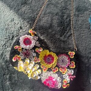 Floral Beaded Handbag with Chain Strap